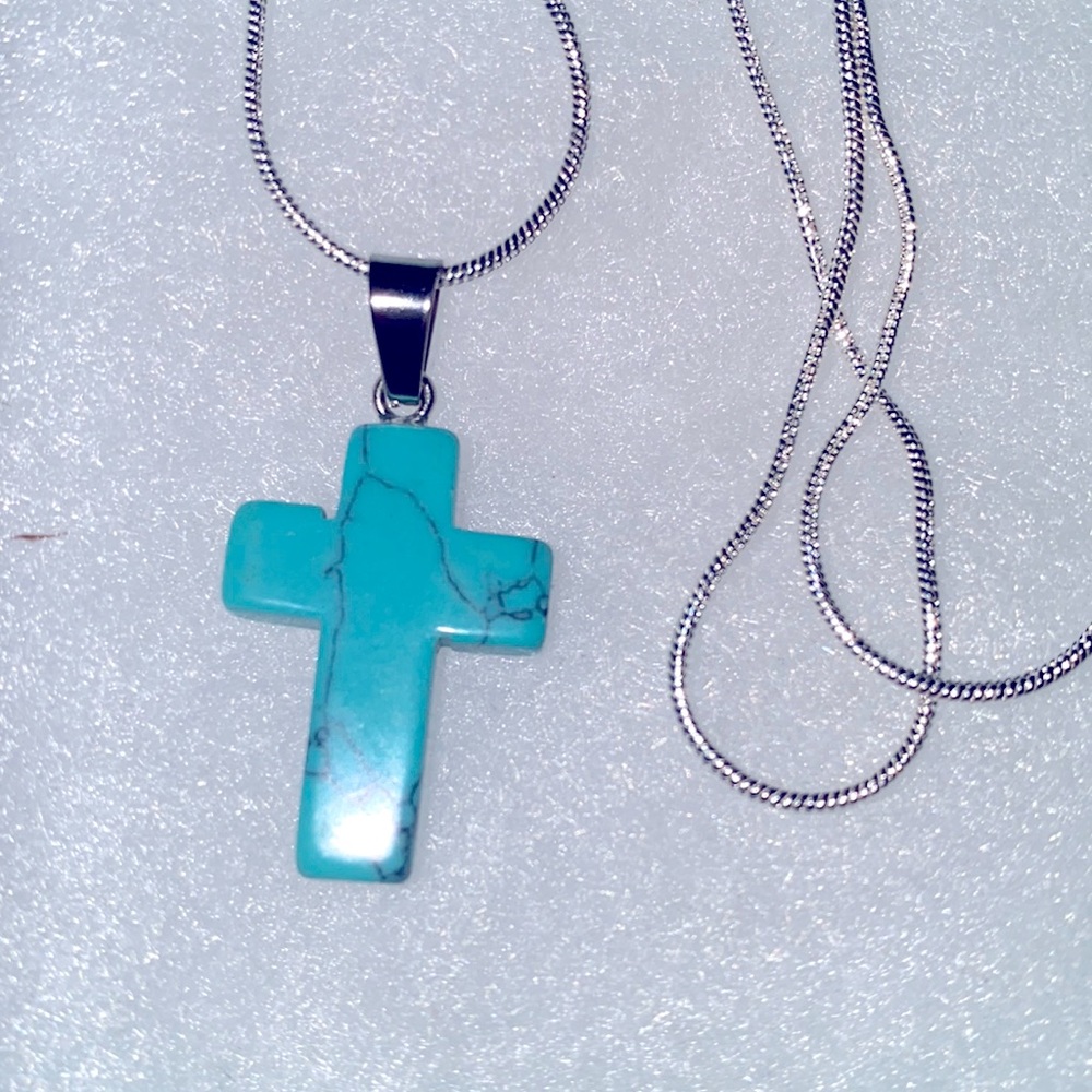 Boho hippie Turquoise Cross Sterling Silver 24” Necklace